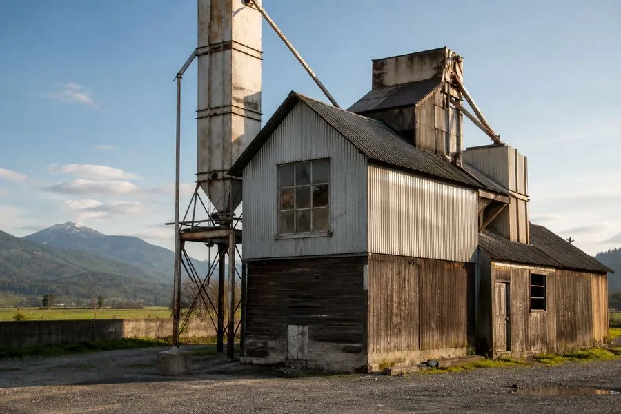 AI-generated Kestrel Granary mill building, grain leg and farmland from the fictional demo