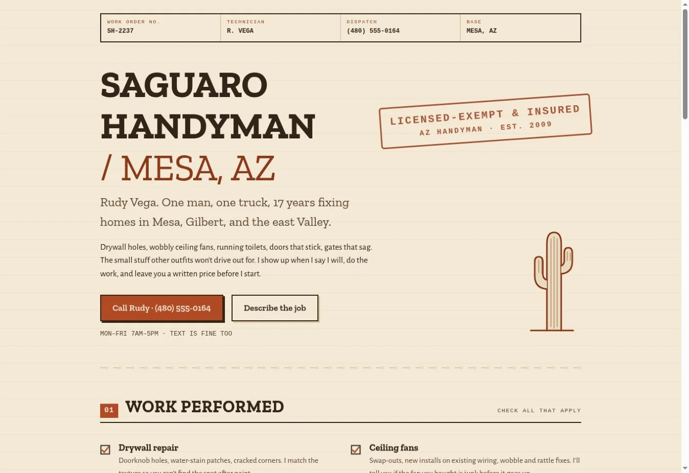 Screenshot of the fictional Saguaro Handyman homepage, designed like a printed work order
